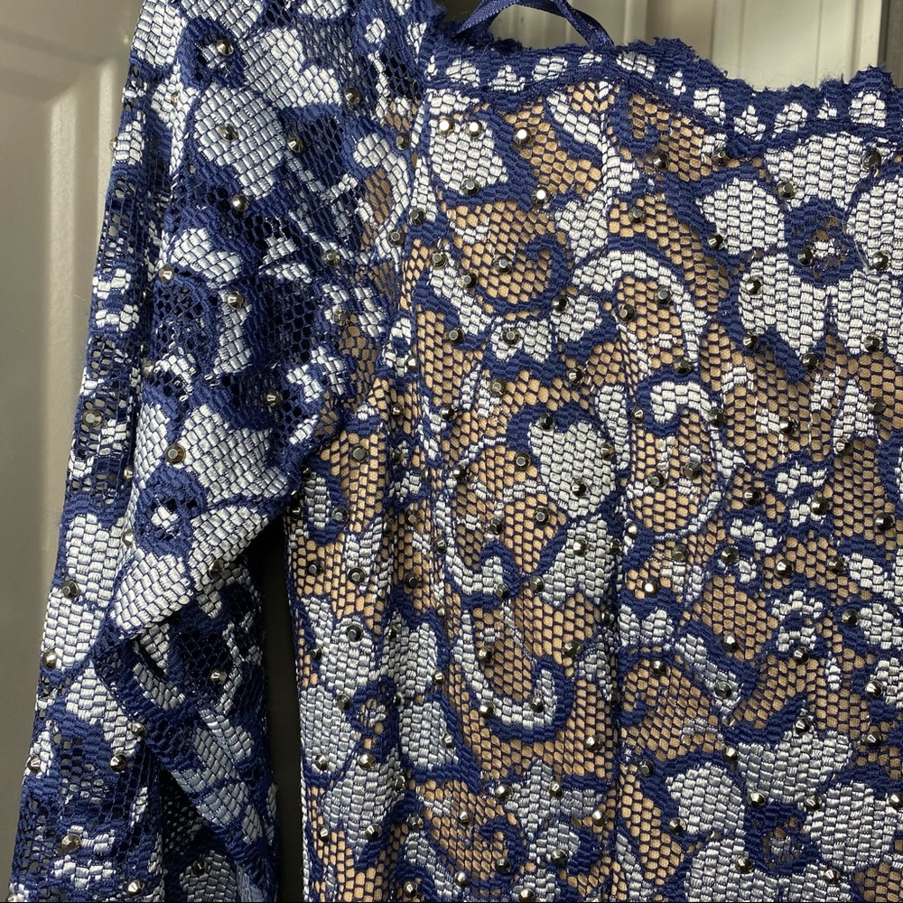 ๐ฅ๐พ Xscape New Sparkle / Lace Overlay Formal Dress Navy White Silver 6 - Picture 6 of 17